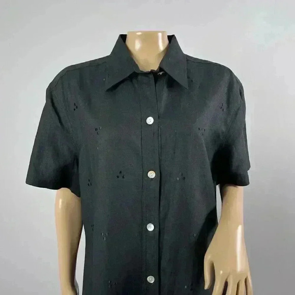 VTG JA Studio Dress Large Black Shift Midi Maxi Popover Button Collared Ramie - Picture 5 of 9